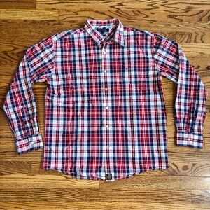 Tommy Hilfiger Men Shirt Size XL Red & Blue Plaid Long Sleeve Vintage Fit